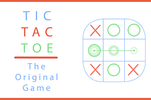 Texten Tic Tac Toe The Original Game i blått och rött med ett rutnät där krysset och cirklar i rött och grönt är placerade