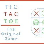 Texten Tic Tac Toe The Original Game i blått och rött med ett rutnät där krysset och cirklar i rött och grönt är placerade
