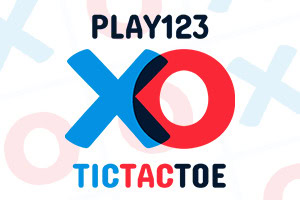 Logotyp med texten PLAY123 och TICTACTOE samt en stor blå X och röd O på ljus bakgrund