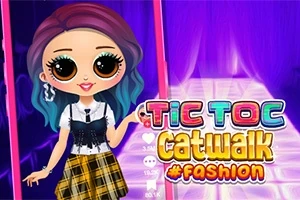 En tecknad figur med färgglatt hår och moderiktiga kläder står framför en färgglad catwalk med texten Tic Toc Catwalk #Fashion