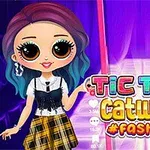 En tecknad figur med färgglatt hår och moderiktiga kläder står framför en färgglad catwalk med texten Tic Toc Catwalk #Fashion