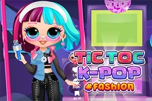 Tecknad karaktär med lila och turkost hår, iklädd trendiga kläder, på en färgglad bakgrund med texten Tic Toc K-Pop #Fashion