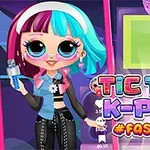 Tecknad karaktär med lila och turkost hår, iklädd trendiga kläder, på en färgglad bakgrund med texten Tic Toc K-Pop #Fashion