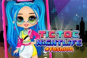 Tecknad karaktär med långt blått hår och färgglada kläder framför en stadssilhuett, med texten TIC TOC NIGHTLIFE #FASHION