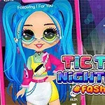 Tecknad karaktär med långt blått hår och färgglada kläder framför en stadssilhuett, med texten TIC TOC NIGHTLIFE #FASHION