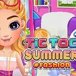 Tecknad karaktär med solglasögon på huvudet i ett färgglatt rum dekorerat med sommartema och texten Tic Toc Summer #Fashion