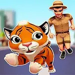 En tecknad tigerunge springer på en gata med en man i safariinspirerad klädsel i bakgrunden