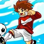 Tecknad fotbollsspelare i röd tröja och vita shorts sparkar en fotboll mot en blå himmel