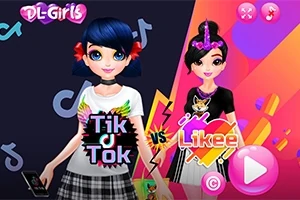 Två animerade figurer med olika kläder och frisyrer står mot en delad färgglad bakgrund med texter TikTok och Likee i mitten