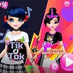 Två animerade figurer med olika kläder och frisyrer står mot en delad färgglad bakgrund med texter TikTok och Likee i mitten