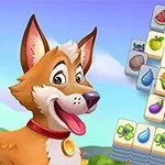 En tecknad hund och en stapel med brickor med olika ikoner som frukter och symboler mot en blå himmel