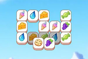 Rutor i ett pussel med ikoner av tårtbitar, vatten-droppar, vindruvor, salladsblad och kakor mot en ljusblå himmel