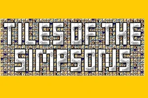 Bilden visar texten Tiles of the Simpsons mot en ljusgul bakgrund med små karaktärsbilder som fyller bokstäverna
