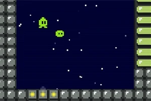 Två gröna pixelkaraktärer svävar i rymden omgivna av stjärnor och en ram med gråa och gula detaljer