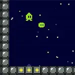Två gröna pixelkaraktärer svävar i rymden omgivna av stjärnor och en ram med gråa och gula detaljer