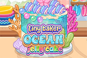 Färgglad tecknad havsinspirerad gelétårta med blå glasyr, snäckor, koraller och texten Ocean Jelly Cake