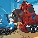 En blå och en röd stridsvagn i tecknad stil som strider mot varandra, med en sågklinga och en eldkula