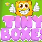 Ett glatt, gult fyrkantigt ansikte med tummar upp ovanför texten Tiny Boxes i rosa bokstäver mot en grön bakgrund