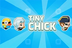 Tre tecknade figurer i profil med texten Tiny Chick på en blå strålande bakgrund