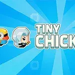 Tre tecknade figurer i profil med texten Tiny Chick på en blå strålande bakgrund