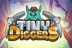 Tecknad bild av en grön figur med hatt som håller i två hackor ovanför texten Tiny Diggers mot en färgglad bakgrund