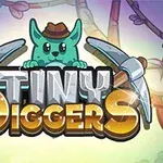Tecknad bild av en grön figur med hatt som håller i två hackor ovanför texten Tiny Diggers mot en färgglad bakgrund
