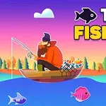 En animerad scen med en man som fiskar i en båt på en sjö, omgiven av tecknade fiskar och en färgglad bakgrund med träd och moln