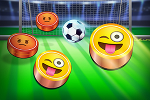 Fotbollsmål med myntformade emojis, där en fotboll ligger framför målet