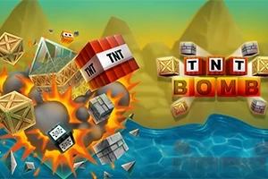 Explosion av lådor och TNT nära vattnet med berg i bakgrunden