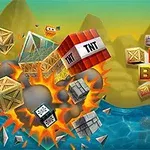 Explosion av lådor och TNT nära vattnet med berg i bakgrunden
