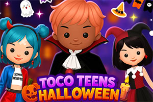 Färgglad tecknad Halloween-bild med tre utklädda ungdomar, pumpa, spöke, häxhatt och lila bakgrund