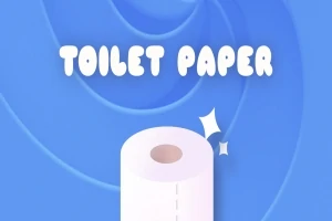 En tecknad toalettpappersrulle mot en blå bakgrund med texten Toilet Paper