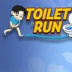 Tecknad figur som springer mot en toalett på en blå bakgrund med texten Toilet Run