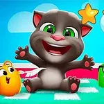 En tecknad grå katt med stora gröna ögon och tre färgglada fåglar i en lekfull scen med tre stjärnor i bakgrunden