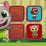 En animerad katt med stora ögon och en grön tröja hoppar bredvid en rad kvadrater, varav två innehåller bilder av andra kattkaraktärer