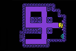 Ett pixelerat spelrum med lila labyrintväggar, en gul karaktär och en blå symbol