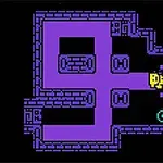 Ett pixelerat spelrum med lila labyrintväggar, en gul karaktär och en blå symbol