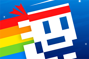Pixelanimerat ansikte med pannband framför en regnbågsfärgad bakgrund och blå himmel