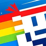 Pixelanimerat ansikte med pannband framför en regnbågsfärgad bakgrund och blå himmel