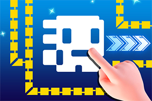 En hand pekar på en vit pixelart-karaktär omgiven av gula block på en blå bakgrund