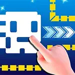 En hand pekar på en vit pixelart-karaktär omgiven av gula block på en blå bakgrund