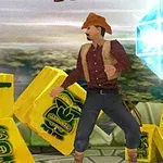 En tecknad figur i cowboyhatt står omgiven av stora gula block och en blå, lysande kristall