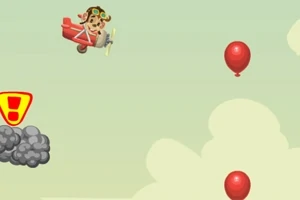 En tecknad figur flyger ett litet rött propellerplan genom himlen med röda ballonger och moln i närheten