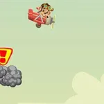 En tecknad figur flyger ett litet rött propellerplan genom himlen med röda ballonger och moln i närheten