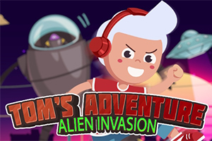 Ett tecknat barn med vitt hår och röda hörlurar är omgivet av rymdskepp och en stor robot i bakgrunden, med text som säger Toms Adventure Alien Invasion