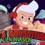 Ett tecknat barn med vitt hår och röda hörlurar är omgivet av rymdskepp och en stor robot i bakgrunden, med text som säger Toms Adventure Alien Invasion