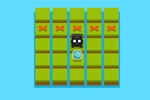Enkel pixelgrafik med en svart figur och en kristall på ett rutmönster av gröna pelare mot en blå bakgrund