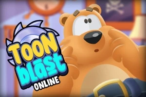 Tecknad björn med förvånad min och texten Toon Blast Online i livliga färger