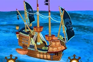 Piratfartyg med svarta segel och dödskallemotiv seglar på ett blått hav