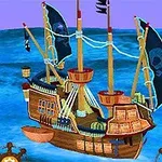 Piratfartyg med svarta segel och dödskallemotiv seglar på ett blått hav